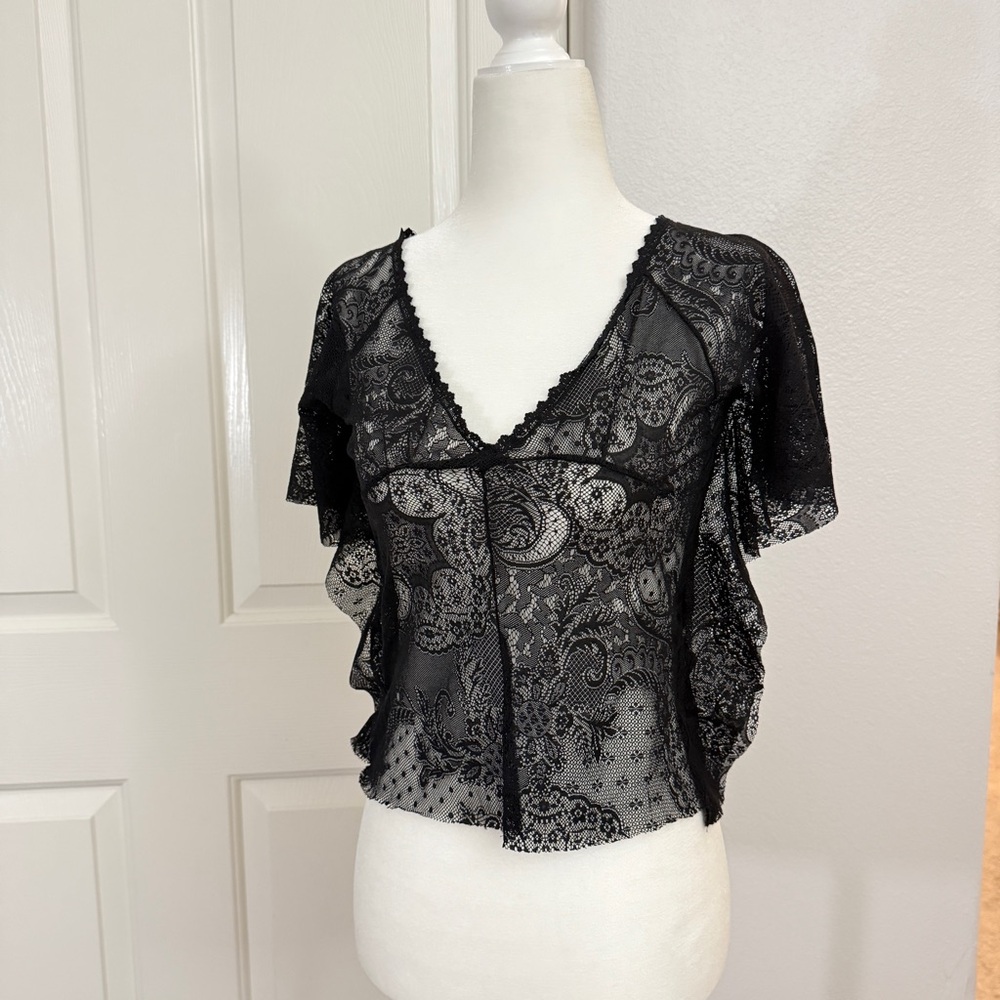 Italian Black Lace V-Neck Flutter Sleeve Blouse